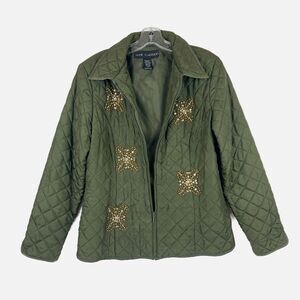 ANNE CARSON Olive Green Quilted Full Zip 100% Silk Beaded Floral Jacket Sz Large